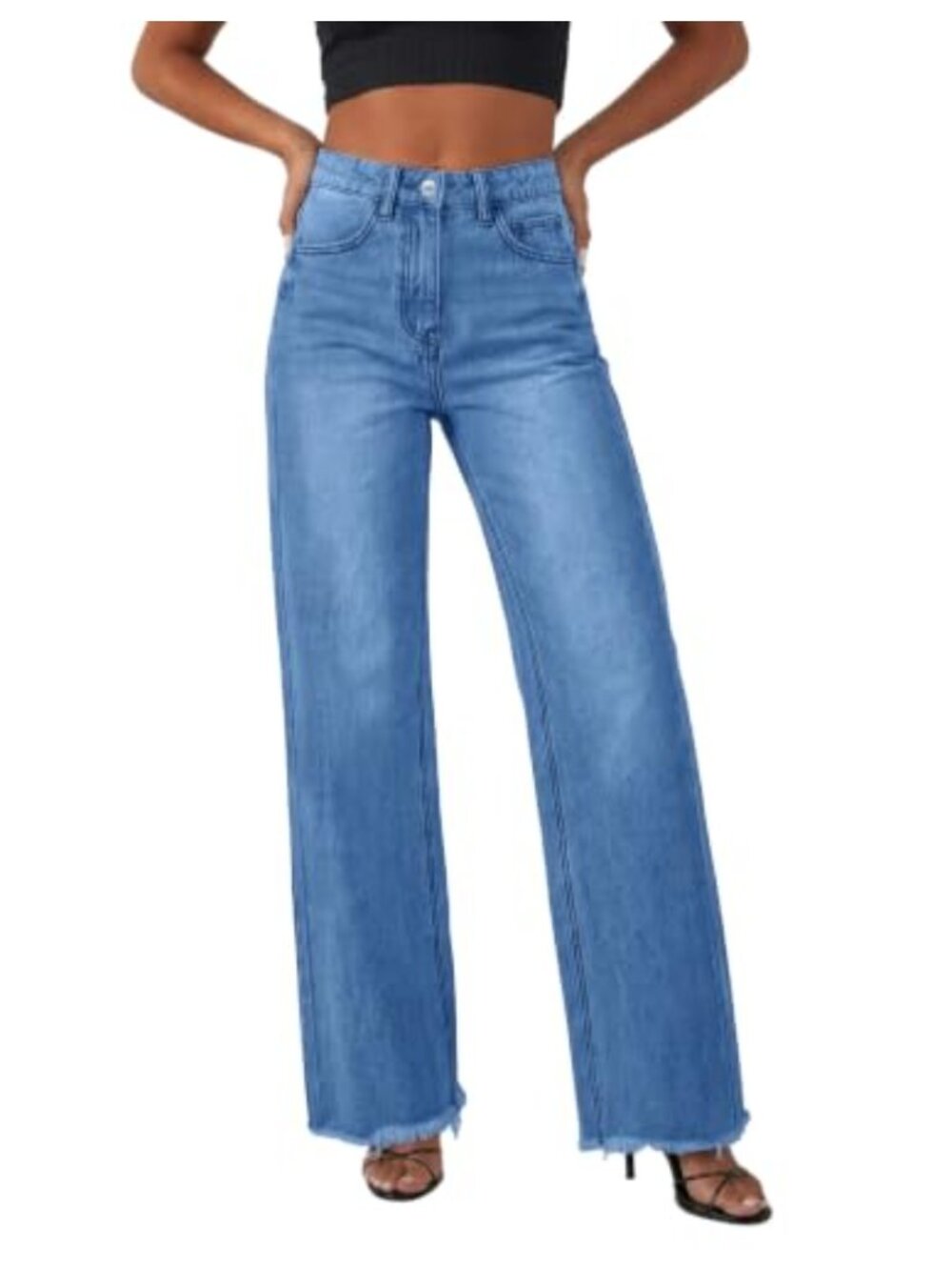 High Waisted Wide Leg Straight Jeans Loose Fit Stretchy Denim Pants Raw Hem